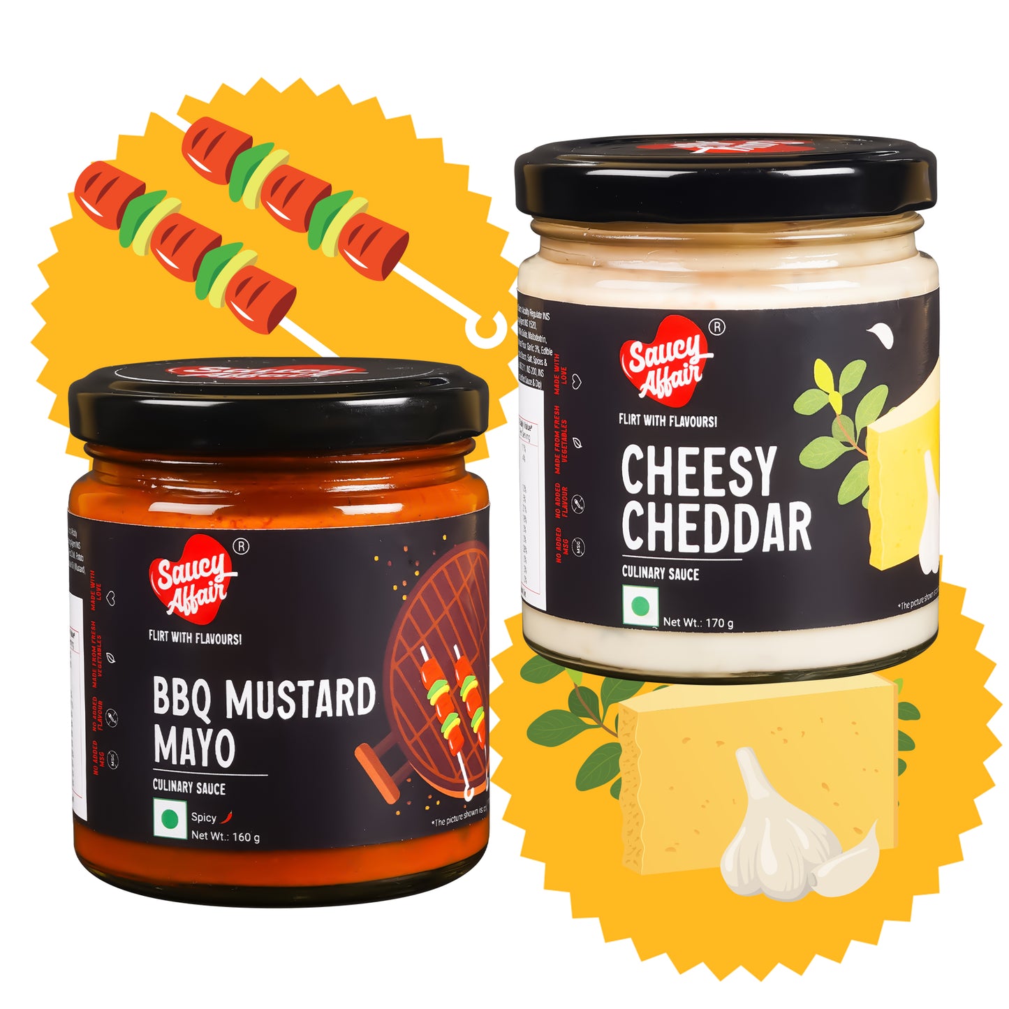 BBQ Mustard Mayo 160g + Cheesy Cheddar Sauce - 170g Combo (Pack of 2)